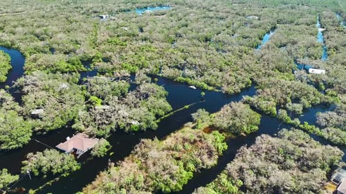 Surrounded By Hurricane Ian Rainfall Flood Waters Homes in Florida Residential Area
