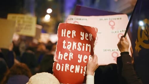 Girl Hold Red Feminism Banner Taksim Istanbul Turkey Feminists Women Protest