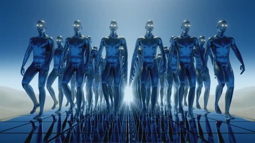 Futuristic Metallic Humanoid Figures Marching on Reflective Surface