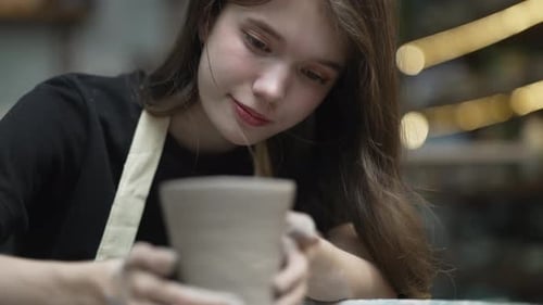Young women is making earthenware at workshop.