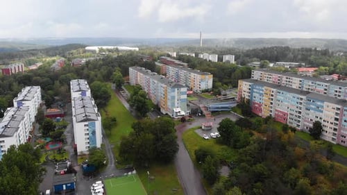 Aerial drone, residential home apartments in Siriusgatan, Bergsjon, Gothenburg