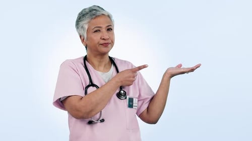 Talking, hand and serious doctor presenting palm studio with medical warning on blue background