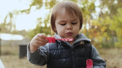 A Child Joyfully Playing with Colorful Bubbles in a Beautiful Autumn Park Filled with Leaves