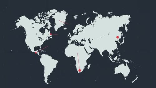 Pale grey world map with moving red network of connected points on dark grey background