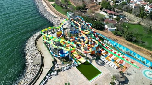 Marina Aquapark, Seaside aquatic amusement park, drone rotation long shot