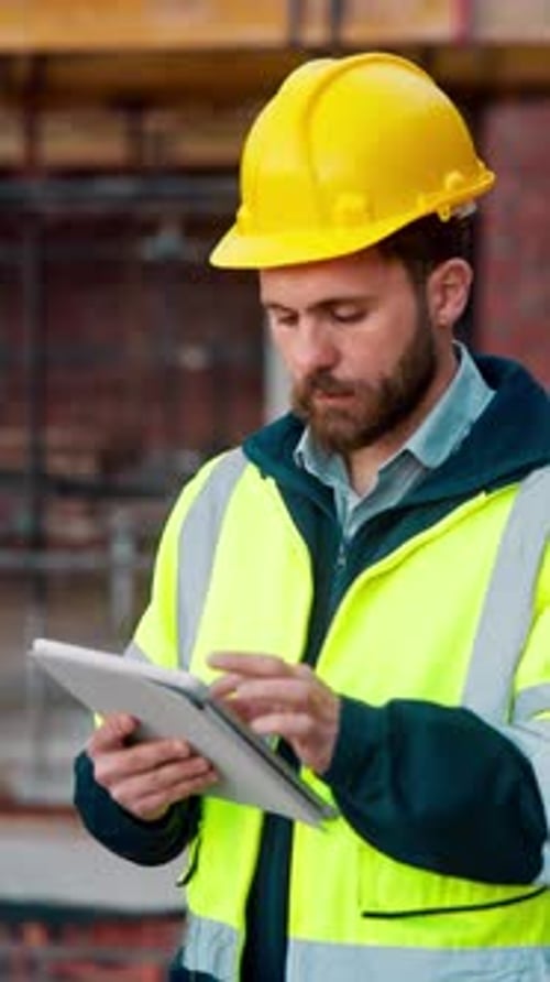Engineer, man and scroll on construction site with tablet, review building design