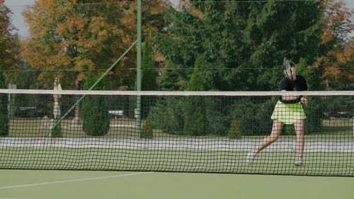 Professional Woman Tennis Player Hits the Ball with a Racket Practice Game on the Tennis Court Hits
