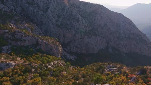 Aerial view of ancient ruins surrounded by mountains, Turkey.