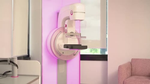 Unidade de mamografia iniciando o posicionamento na clínica, extensão da plataforma e abaixamento da pá para exame