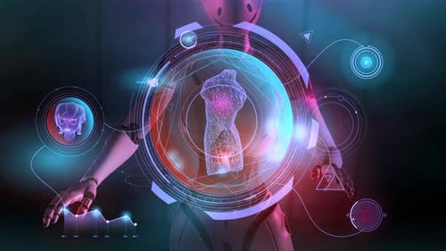 Robot interacts with futuristic interface