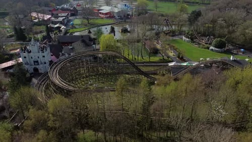Gulliver's world Warrington rollercoaster amusement park elevated view above amusement rides tracks