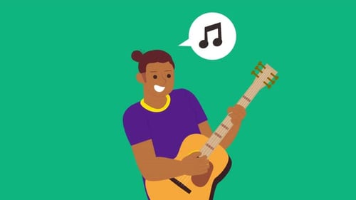 Animated Flat Design Character Playing Guitar with Music Notes