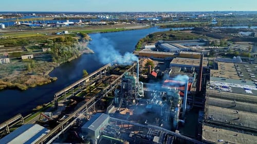 Aerial View of Large Industrial Facility by River with Smokestacks and Factory Buildings
