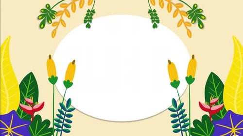 Beautiful floral cartoon animation spring with oval frame. With light yellow background.