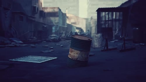 Abandoned Alley with a Metal Barrel in a Desolate Urban Environment