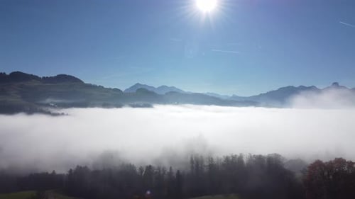 Aerial View of Foggy Mystical Landscape Scenery