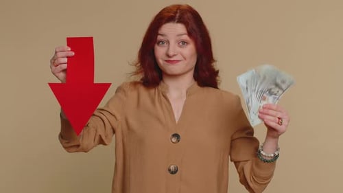 Upset Woman Showing Red Arrow Pointing Down Concept of Downgrade Bankruptcy Money Dollar Fail Fall