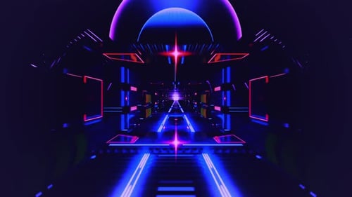 Neon lit futuristic tunnel with blue and pink lights