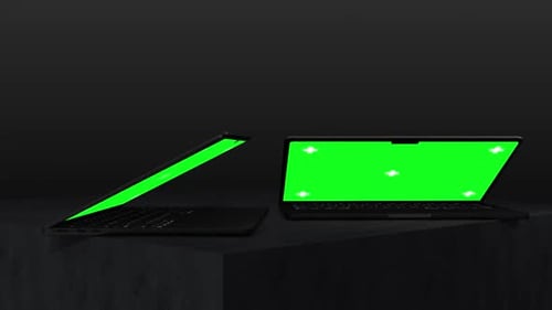 Two Laptops Opening with Green Screens Reveal Mockup