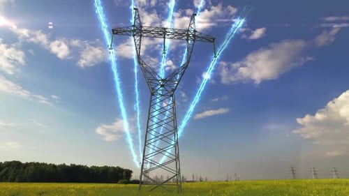 Blue Electric Energy Flowing Through High-Voltage Power Lines