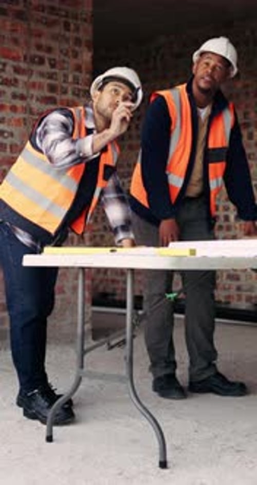 Construction, men and meeting with blueprint on site for design vision, building layout or update