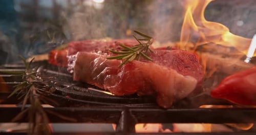 Steak and Vegetables Cooking on a Grill
