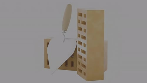 3D Animation of Construction Bricks and Trowel Rotating