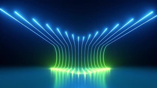Abstract animated background of green blue neon glowing lines slide down along the curvy trajectory