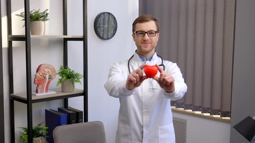 Doctor in white coat and glasses holding a red heart at hospital office. Medical health care