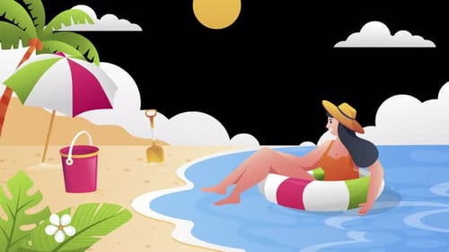 woman with a floater on the beach, summer animation 4k on alpha channel