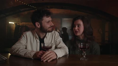 Caucasian Woman Meets with Handsome Guy at Bar Girlfriend Saying Toast to Her Best Friend in Pub