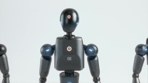 Visualization of Group of Advanced HighTech Humanoid Robots Standing in Digital SciFi Environment