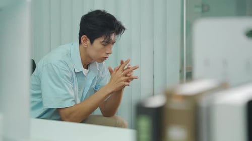 Fatigued businessman overtime work burnout, tired exhausted male employee feeling energy depletion e