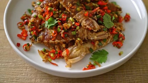 Delicious Fried Mantis Shrimp Topped with Chili and Scallions