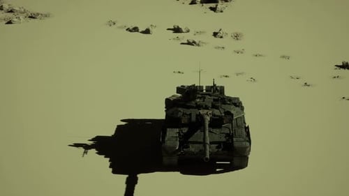 Tank Silhouette Extends Shadows Across Dune Landscape at Sunset
