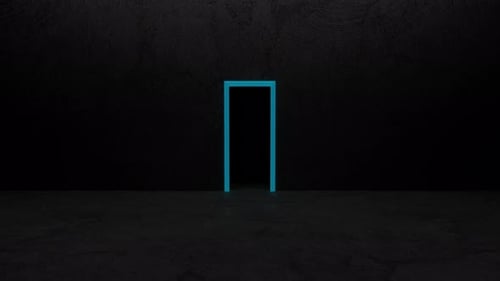 Glowing neon door opening in dark room