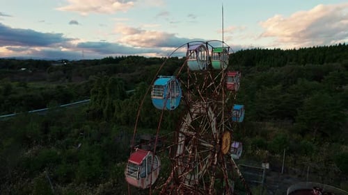 Closeup Aerial Drone Abandoned Ferris Wheel Kejonuma Leisure Island Japan Sunset Panoramic