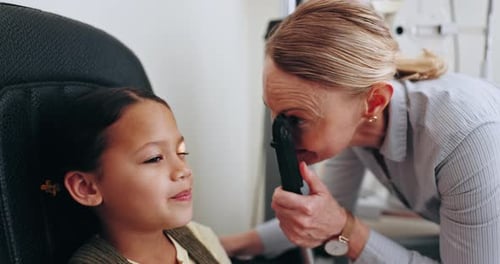 Optometry, doctor and kid for eye test in office for correction, lens or spectacles for vision