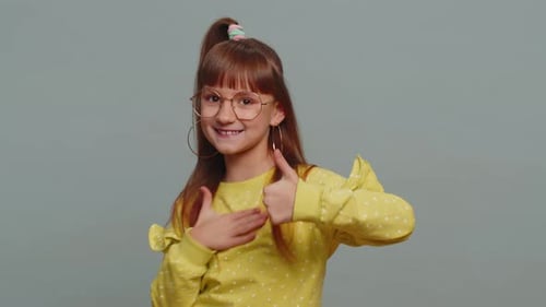 Child Kid Girl Proud of Victory Bragging Own Success Win Achievements Pointing Fingers on Herself