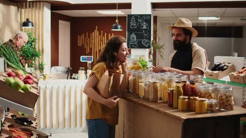 Bio Food Shop Client Talks with Vendor