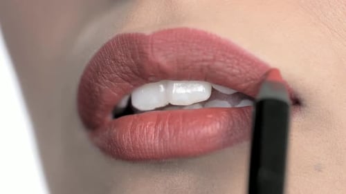 Applying Red Lip Liner, Close Up