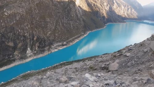 panoramic view above the Lake Paron, Pyramid Mountain, Andean Cordillera in Peru Huascaran National