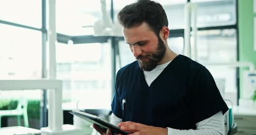 Search, man or dentist in clinic with tablet, thinking or checking online schedule on website