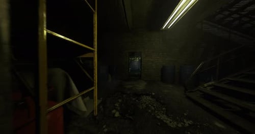 Old Warehouse Featuring Scattered Barrels and Darkly Illuminated Surroundings