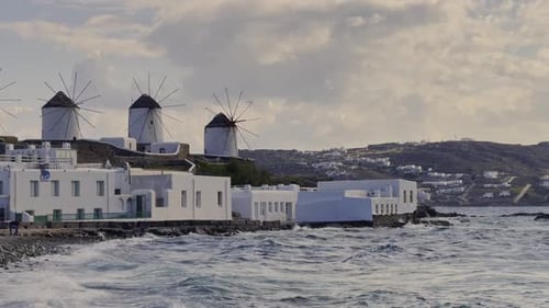 Mykonos famous windmills as seen from Little Venice