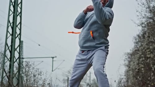 City Man Trains With Shadows Shadow Boxer In Urban Environment Practicing Defensive Techniques Man
