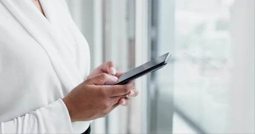 Smartphone, typing and hands of business person in office online for internet