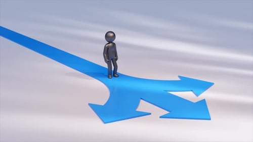 Metallic Businessman Figurine Walking on a Blue Arrow Road Splitting in Three Different Directions