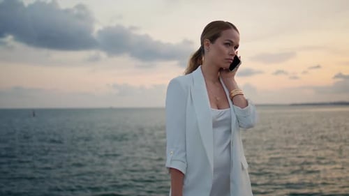 Lady Talking Cellphone Sunset Marine View Closeup Woman Speaking Smartphone