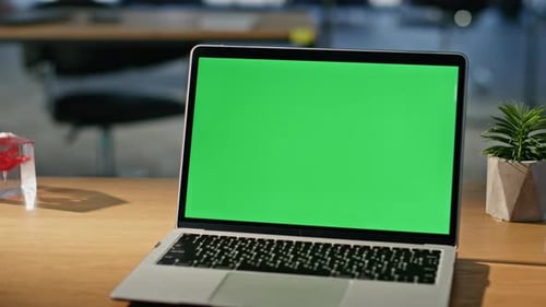 Manager Watching Webinar Mockup Laptop Sitting Corporate Office Desk Closeup